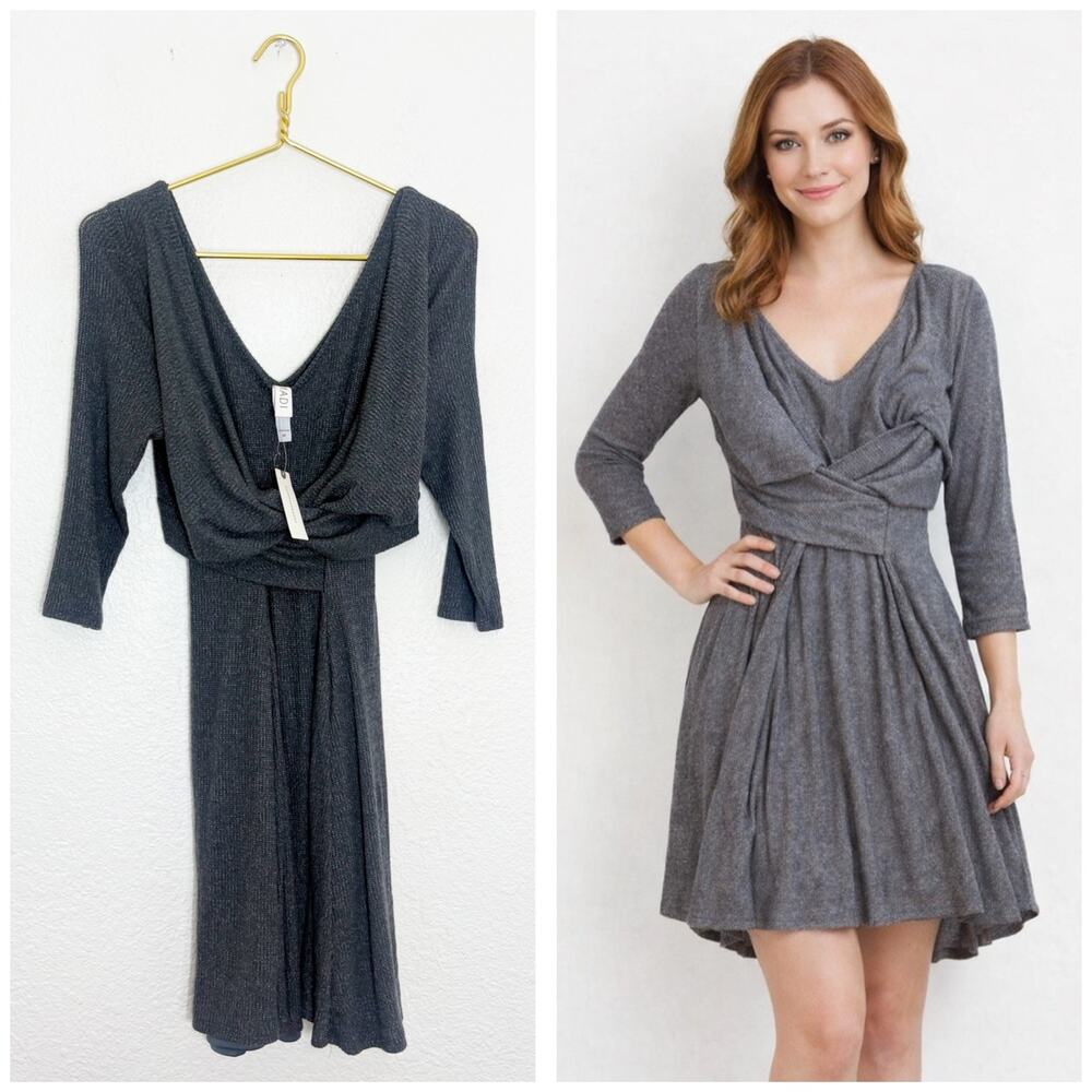 NWT Anthropologie Amadi Wrap Front Ribbed Knit Fit Flare Mini Dress Grey